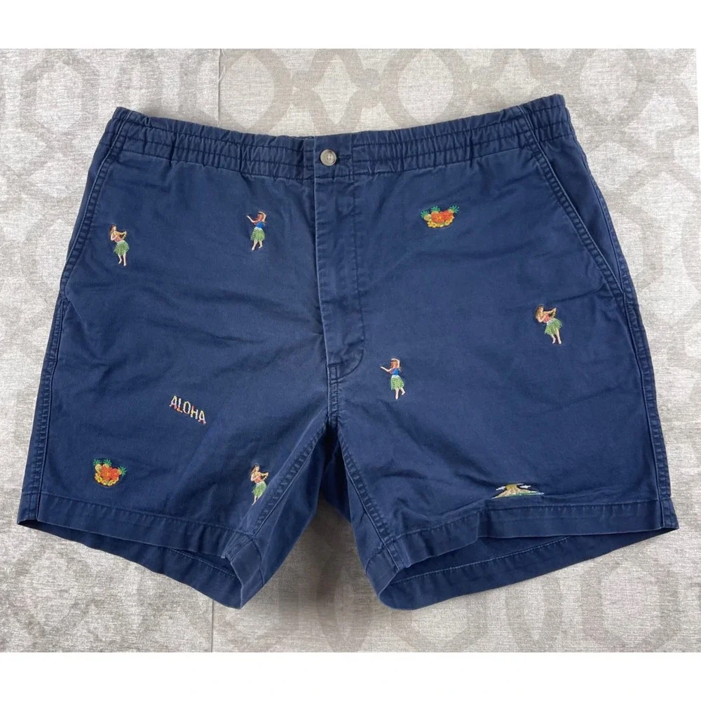 Polo Ralph Lauren Men L Navy Blue Embroidered Hula Aloha Tropical Chino Shorts